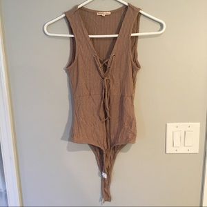Love Culture tan ribbed lace-up bodysuit